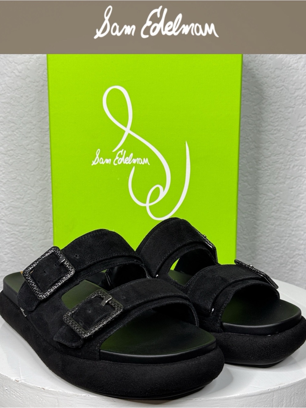 SAM EDELMAN KENZIE BLACK SUEDE DOUBLE BUCKLE FLATFORM SLIDE SANDALS **NIB**